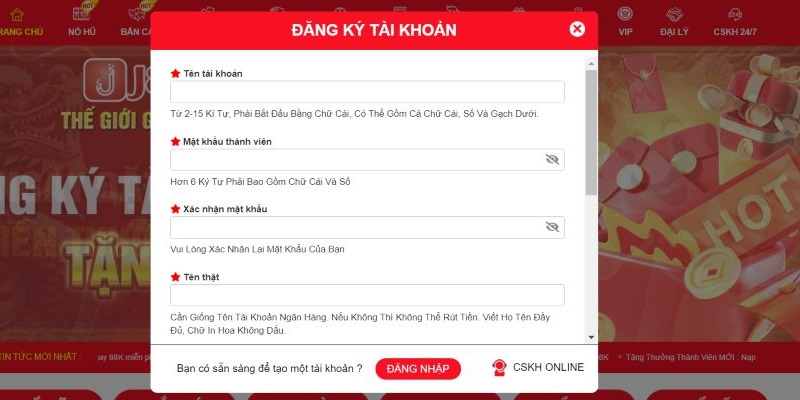Giao diện biểu mẫu đăng ký J88 dành cho hội viên tạo tài khoản